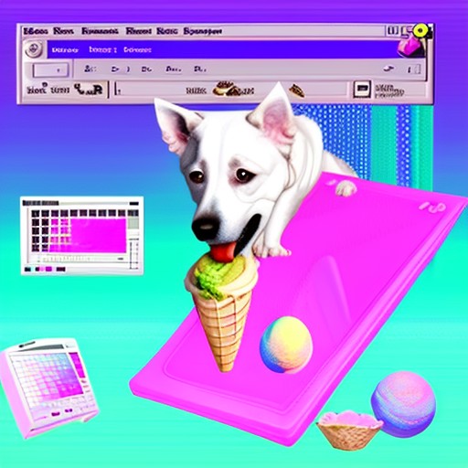 a vaporwave screenshot of a dog eating ice cream in a computer window